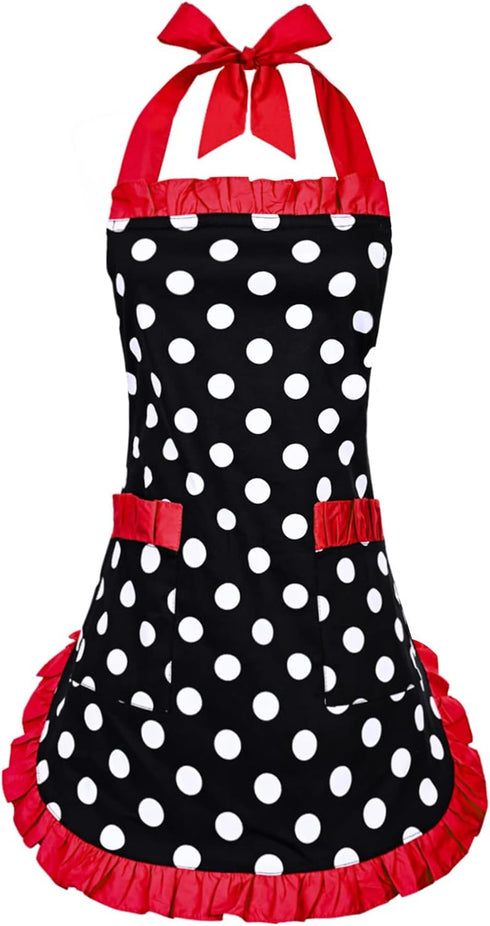 Violet Mist Vintage Apron for Women with Pockets, Cute Polka Dot Retro Stylish Apron (Red)