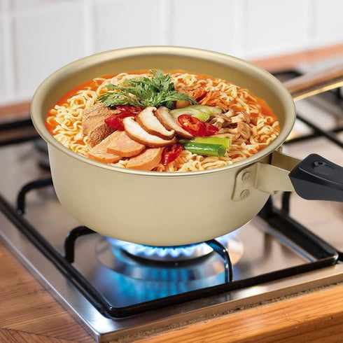 AHIER Korean Ramen Cooking Pot with Lid, Spoon, and Chopsticks, Fast Heating Noodle Pot for Kitchen Cookware (Single