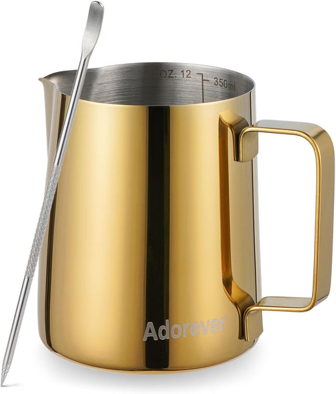 Milk Frothing Pitcher, 350ml (12oz) Stainless Steel Steaming Pitcher for Coffee, Cappuccino, Latte Art, Gold