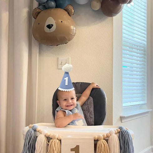 E0EHOHC 1st Birthday Decorations for Baby Boy Blue Handmade High Chair Banner with Cone Hat for Boy First Birthday Wall