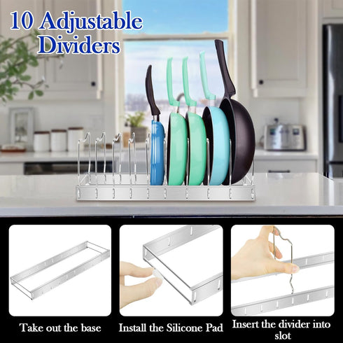 Adjustable Pot and Pan Organizer, Heavy Duty Lid Organizer for Kitchen Storage with 10 Compartments