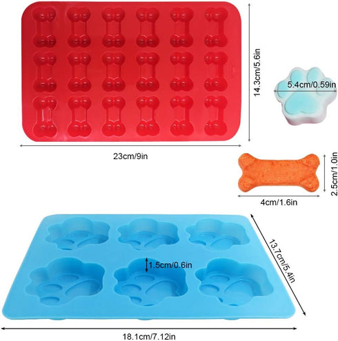 4 Pcs Silicone Candy Chocolate Molds, FineGood Puppy Dog Paw & Bone Shaped Ice Cube Trays, Red, Blue, Purple, Pink