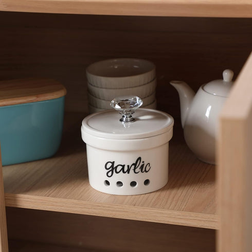 HAOTOP Garlic Keeper with Crystal Lid, 12.5 oz Ceramic Garlic Saver Container for Countertop, Farmhouse Kitchen Decor