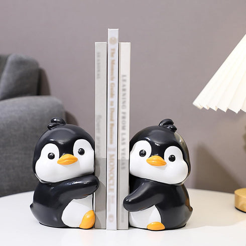 Cute Hug Penguins Decorative Bookends, Unique Animal Book Ends to Hold Books Creative Resin Book Holder Stopper