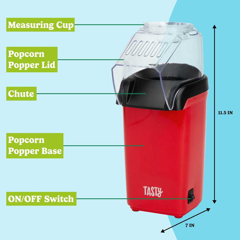 Tasty Hot Air Popcorn Popper, Healthy Popcorn in Minutes, Fast Easy-to-Use, 8 Cups with Butter Warmer, Red