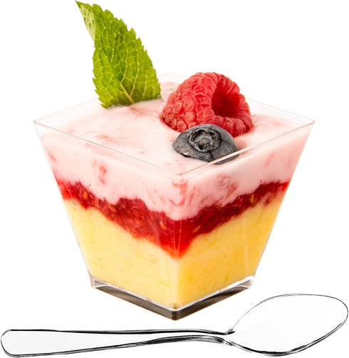 DLux 50 x 2oz Square Mini Dessert Cups with Spoons, Clear Plastic Parfait Appetizer Cup for Tasting Party