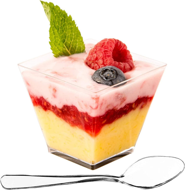 DLux 50 x 2oz Square Mini Dessert Cups with Spoons, Clear Plastic Parfait Appetizer Cup for Tasting Party