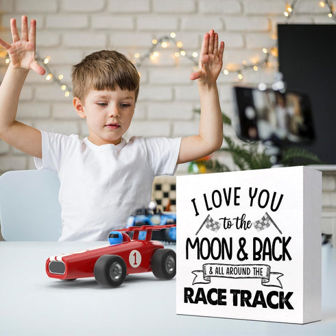 z-crange I Love You To The Moon And Back And All Around The Race Track Wood Box Sign Desk Decor,Farmhouse Racing