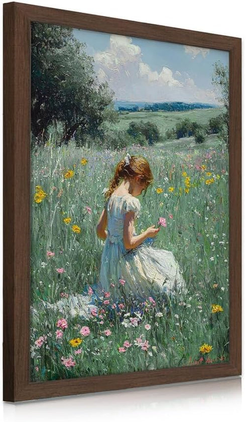 16x24 Inches Framed Girl in Wildflower Meadow Wall Art Impressionist Oil Painting Print on Canvas, Pastoral Nature
