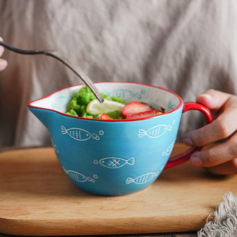 Blue Fish Pattern Kitchen Ceramic Mixing Bowl, 0.5 Quart, with Pouring Spout and Handle