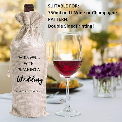 LANBAIHE Wedding Wine Bag, Linen Reusable Gift Bag for Bride and Groom Wine Gift