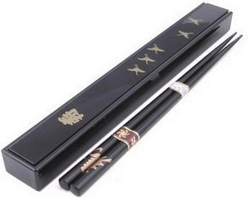 JapanBargain 3640 Portable Japanese Chopsticks with Case - Crane Pattern, Black, Made in Japan