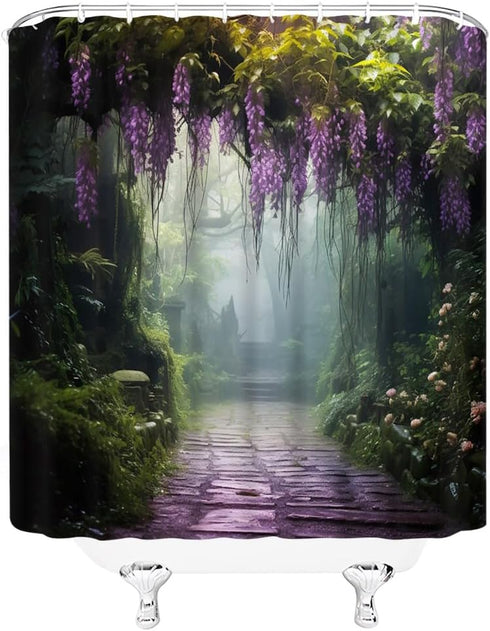 Misty Forest Shower Curtain, Purple Floral Foggy Jungle Nature Landscape Bathroom Decor, Green Plants Polyester with