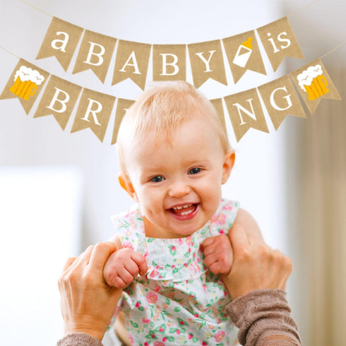 Doumeny Jute Burlap A Baby is Brewing Banner Baby Shower Decorations Banner Gender Reveal Bunting Garland Baby Bottle