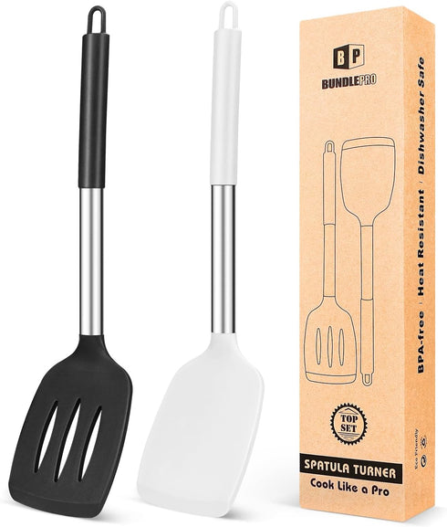 Pack of 2 Silicone Solid Turner, Non Stick Slotted Kitchen Spatulas, High Heat Resistant Cooking Utensils (Black+White)