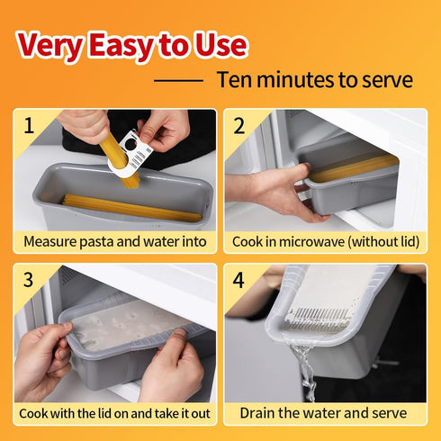 Microwave Pasta Cooker with Strainer Lid, Makes 4 Servings Quickly and Easily, Perfect for Dorm and Kitchen (Gray)