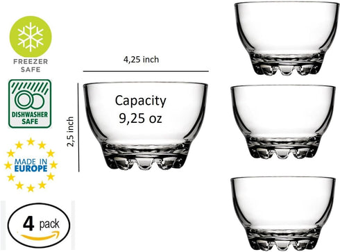 BOHEM'S Clear Glass Bowls Set of 4, 9.5 oz Small Serving Bowls for Dessert, Snack, Cereal, Fruit, Ice Cream