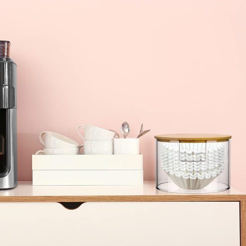 Coffee Filter Holder, Reusable Clear Storage Container with Bamboo Lid, Stylish Dispenser for Kitchen Countertop