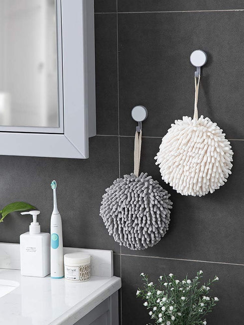 Sophie & Panda Fuzzy Ball Towel Set of 2 - White and Gray Bath Towels for Instant Drying