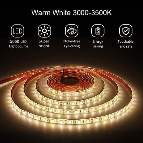 16.4ft 3500K 5050 5M 300 IP65 12V Commercial ALITOVE Warm White SMD LED Flexible Strip Ribbon Light LEDs Waterproof DC