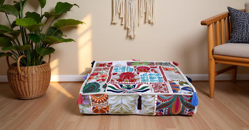 18x18x5 inches CRAFT KALA Indian Square Patchwork Traditional Pouf Cover Indian Living Room Poufs Decorative