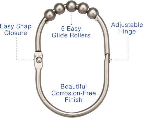 2LB Depot Wide Shower Curtain Rings/Hooks Set, 12 Rings, Decorative Brushed Satin Nickel Finish, Rustproof