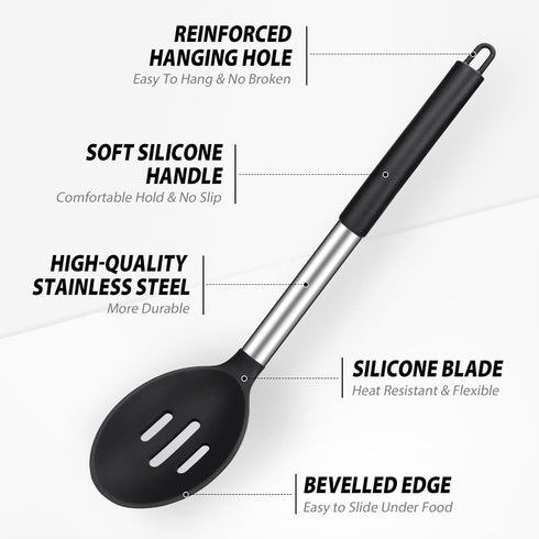 Pack of 2 Large Black Silicone Cooking Spoons, Non-Stick Stainless Steel Slotted and Solid Spoon Set