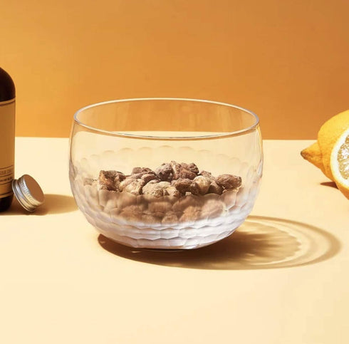 Amehla 18-ounce Nut Bowl, Snack Jar and Candy Dish with Hammered Finish, Handblown Glass End Table Piece.