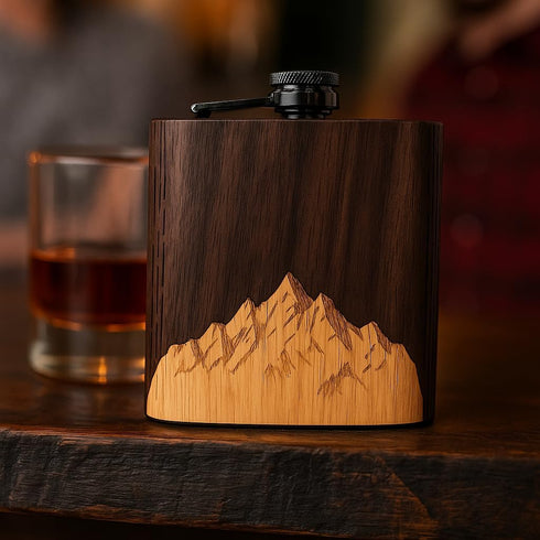 WUDN 6 oz. Wooden Hip Flask, Stainless Steel Body, Sawtooth Mountains Walnut Sky