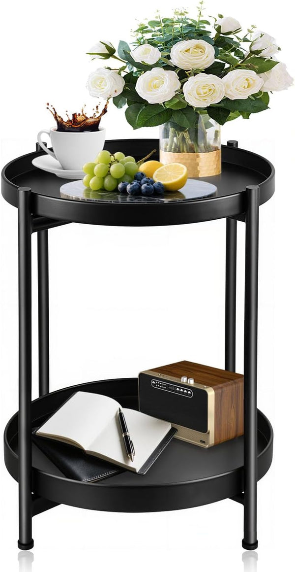 JuheBoxia Foldable 2-Tier Round Side Table, Metal End Table with Storage for Indoor