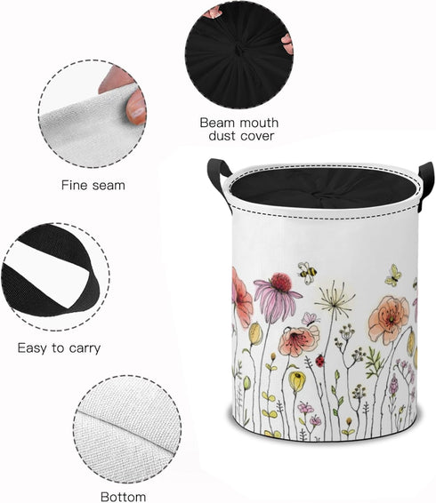 Summer Spring Wildflowers Laundry Hamper Basket, Colorful Floral Printing Collapsible Portable Laundry Bag, Garden