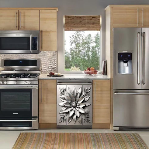 Stainless Steel Flower Magnetic Dishwasher Cover, Decorative Metal Art Style Kitchen Appliance Sticker, 23"x26"