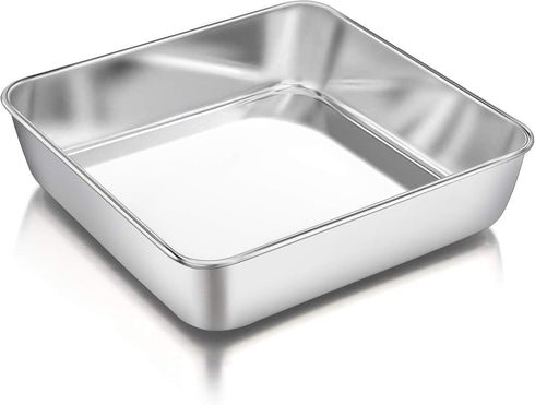 P&P CHEF 8 Inch Square Baking Cake Pans, Small Stainless Steel Lasagna Brownie Pan, Non-toxic & Durable