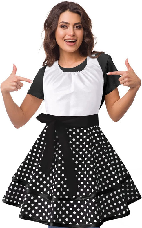 Violet Mist Cute Vintage Apron for Women, White Polka Dots Retro French Maid Cooking Kitchen Apron, Adjustable Gift