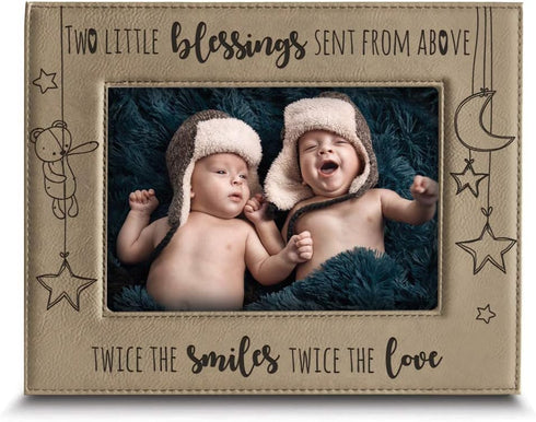 BELLA BUSTA - Twice The Blessings From Above, Twins New Baby Gift - Engraved Leather Picture Frame (5x7 Horizontal)
