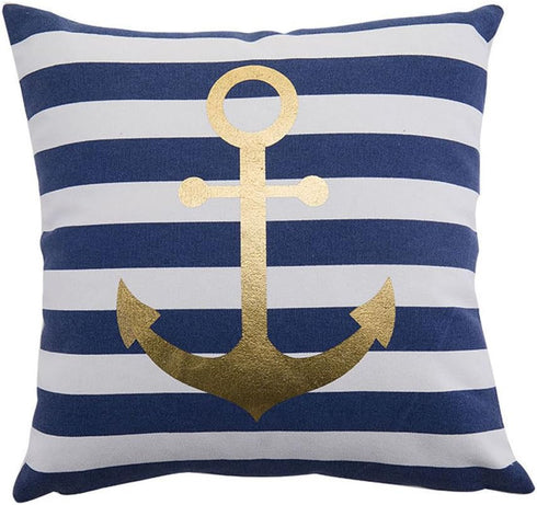 Nautical Decorative Pillow Cover, Gold Anchor Pattern and Stripes 18X18 (Navy Stripes)