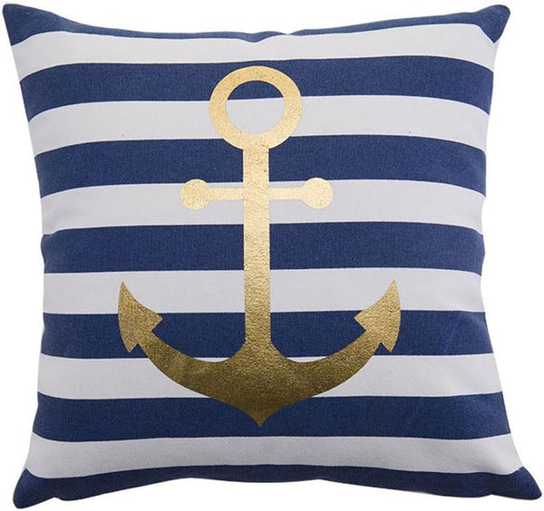 Nautical Decorative Pillow Cover, Gold Anchor Pattern and Stripes 18X18 (Navy Stripes)