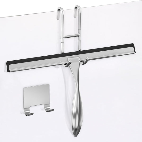 Shower Door Squeegee with Adhesive & Hanging Hooks, 12" Silicone Blade -