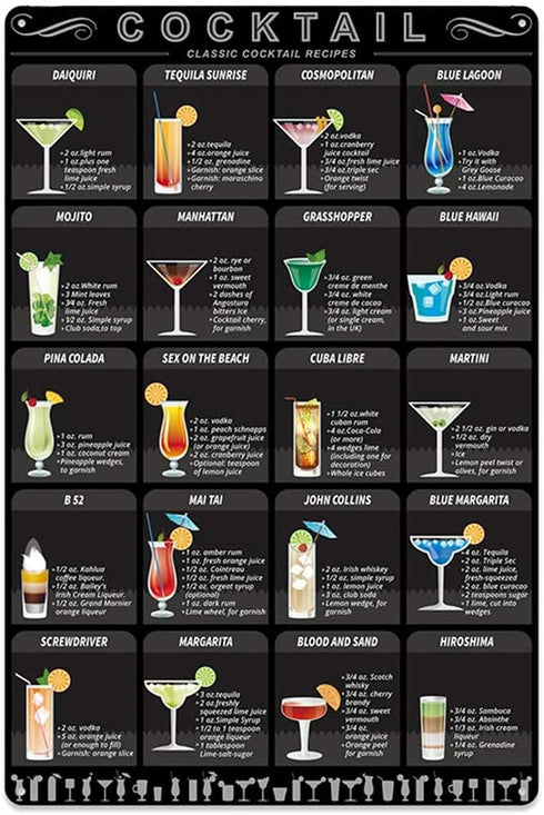 Novelty Metal Sign Cocktail Menu Cafe Shots Mixology Tin Sign Cocktail Recipe Guide Plaque Wall Art Decor For Kitchen Bar Pub Cafe Garage 12x18 Inch
