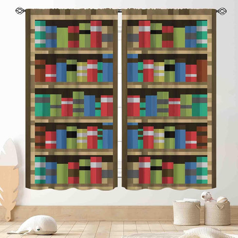 TKUYO Pixelated Bookshelf Curtains, Pixel Print Game Theme Anime Bookcase Educational Window Drapery