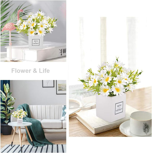 AIFUSI Artificial Flowers, Mini Silky White Daisy Decor in Vase for Home Indoor Centerpiece