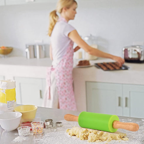 Mini Silicone Rolling Pin for Kids, Non-stick Surface Wood Handle, 2 Pack, 9 Inch