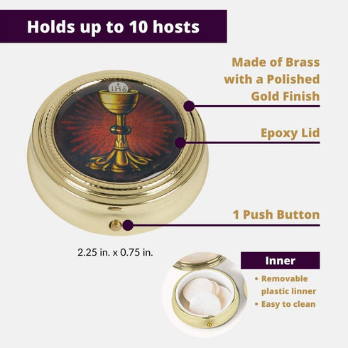 Gold Tone IHS Chalice and Host Communion PYX with Epoxy Lid - 2 1/4 Inch