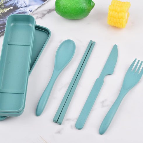 Reusable Utensils Set with Case, 4 Sets Wheat Straw Travel Cutlery Set, Portable Spoon, Knife, Fork for Kids Adults