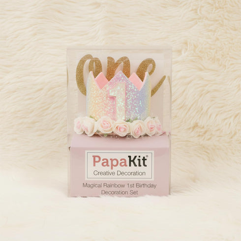1st Set PapaKit Girls Birthday High Chair Premium Decoration - Pastel Rainbow Ribbon Garland, Crown, One Banner & Cake