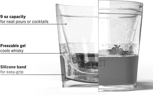Host Freeze Cooling Cups Set of 2, Old Fashioned Glass with Silicone Band for Whiskey Gifts, Grey