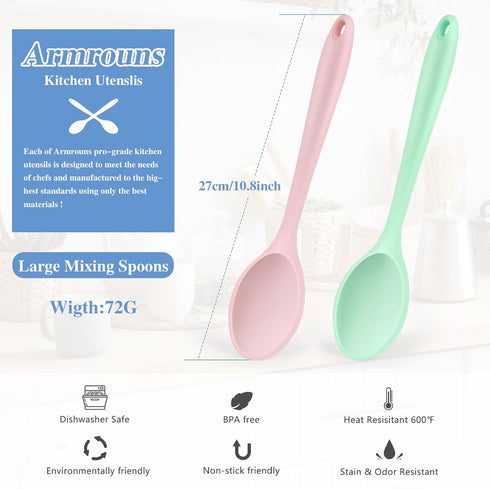 Silicone Mixing Spoons 2-Pack, 10.8" Large High Heat Resistant Nonstick Cooking spoon for Stirring, Mixing and Serving, Green & Pink Rubber Spoon.