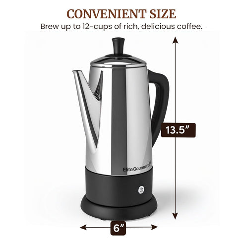12-Cup 360 Elite Gourmet Electric Coffee Percolator, Dishwasher Safe Stainless-Steel Filter, Lid & Tube, Keep Warm