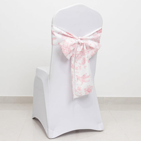 6"x108" Efavormart Polyester Chair Sashes White Pink French Toile Floral Design - Durable & Reusable Chair Bows