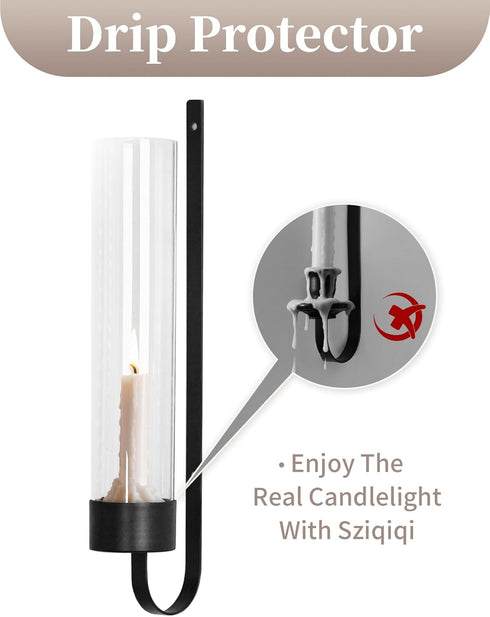 Set 2 Sziqiqi Black Wall Candle Holders: Metal Candle Sconces for Taper of Modern Wall Mounted Candlestick Holder